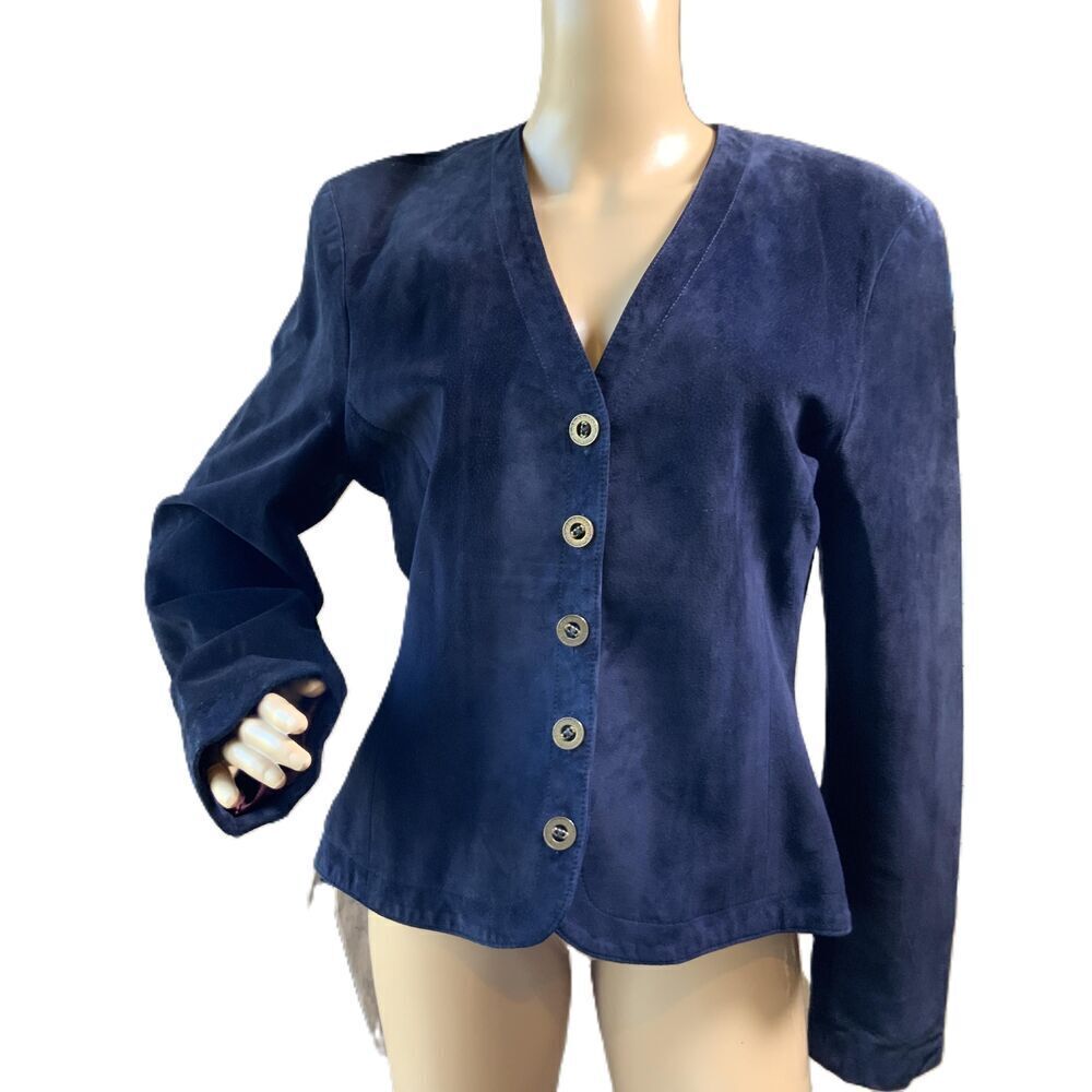 Danier Blue 5-Button V-Neck Long Sleeve Genuine Leather Blazer Jacket VTG Med‎
